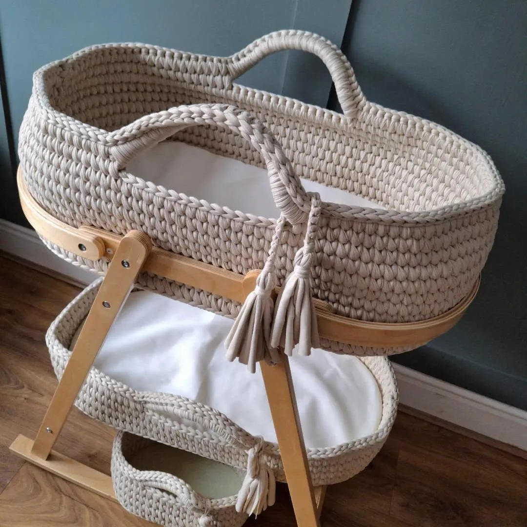 Beige Open-Top Crochet Moses Basket Set