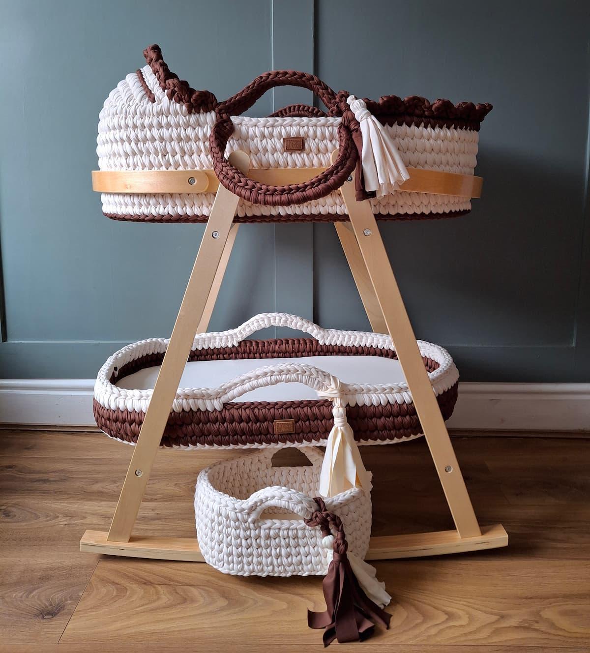 Hooded Crochet Moses Basket with Stand, Cream & Chocolate